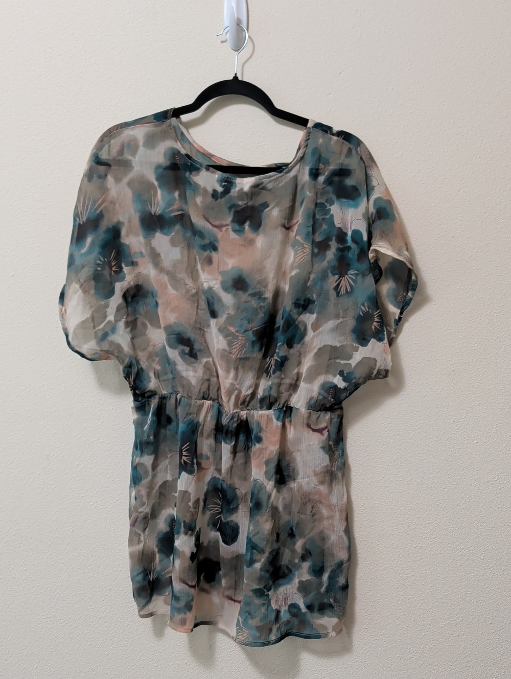 Tramp Sheer Floral Tie-Waist Tunic in Teal and Beige